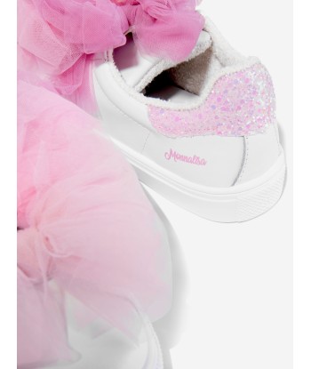 Monnalisa Girls Leather And Tulle Bow Trainers In White livraison et retour toujours gratuits