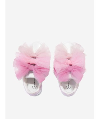 Monnalisa Girls Leather And Tulle Bow Trainers In White livraison et retour toujours gratuits